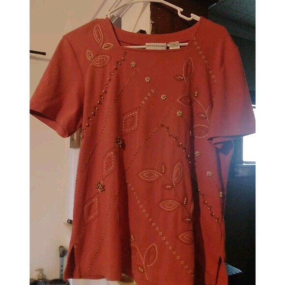 Alfred Dunner Top Wood Seed Beeds Flowers  Leaves Burnt Orange Fall Medium - Picture 1 of 9
